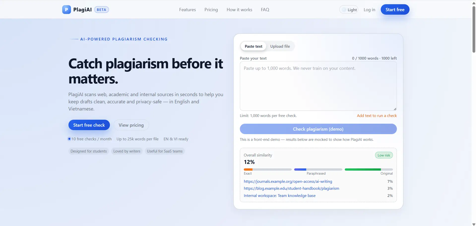 PlagiAI – Professional Plagiarism Checker SaaS Landing Page